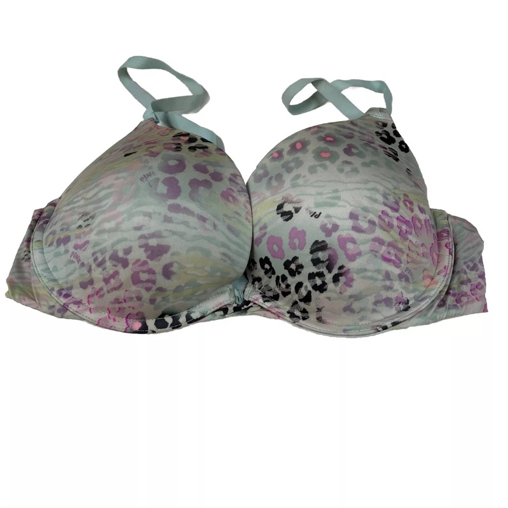 PINK Victorias Secret 34C Campus Pushup Bra Padded Leopard Gray Blue Green #3316